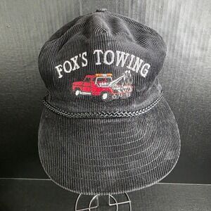 Vintage Nissin Cap Black Corduroy Fox's Towing Hat Adjustable Snapback Trucker